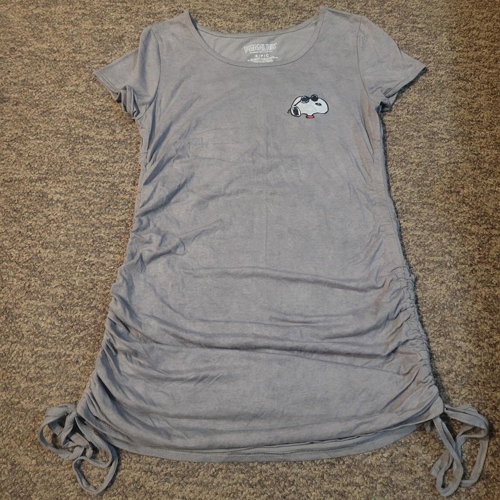 Peanuts Gray Ruched Tie Front Short Sleeve Tee